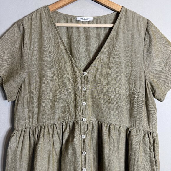 Madewell Linen-Blend Alexandra Button-Front Mini Dress Womens Large Olive Branch - Picture 7 of 14